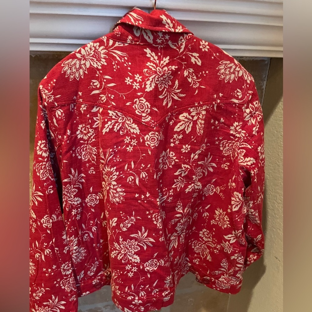 NWOT Coldwater Creek Linen Red White floral Jacket Pockets business Casual XL - Picture 4 of 10